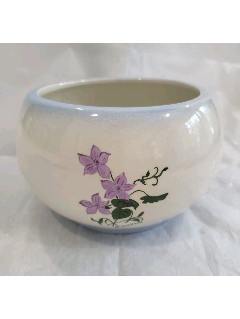 Beautiful M. Simpson Hand-Painted Ceramic Bulb Bowl Planter (Purple Flowers)